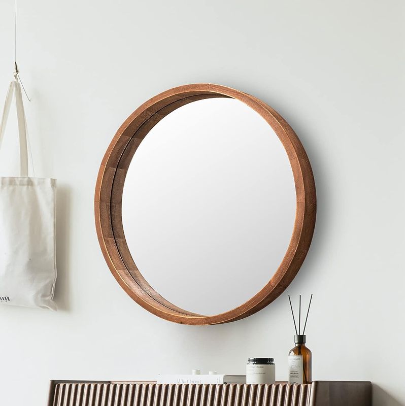 Photo 1 of  Round Wood Mirror 24 Inch Farmhouse Wall Mirror Wooden Framed Brown Circle Mirror for Bathroom
