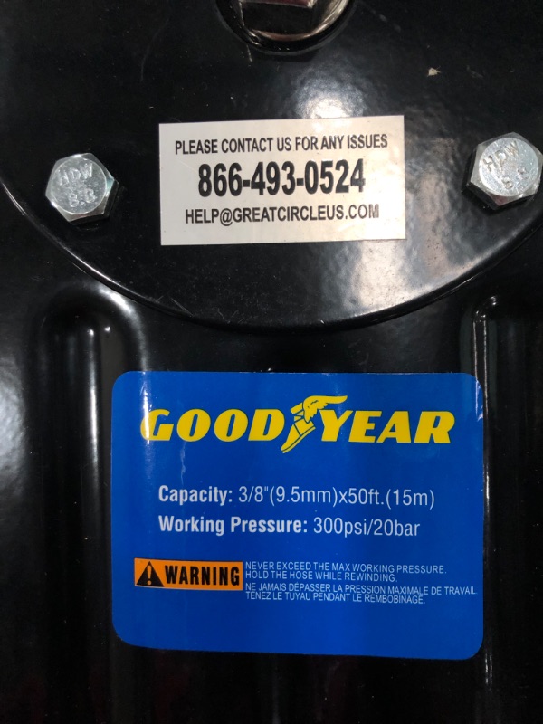 Photo 3 of Goodyear Air Hose Reel Retractable 3/8" Inch x 50' Foot SBR Rubber Hose Max 300PSI Heavy Duty Industrial Steel Single Arm Construction