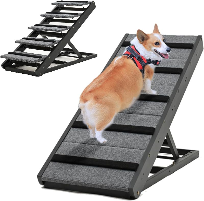 Photo 1 of 2 in 1 Dog Ramp,5-Level Adjustable Pet Ramp for High Bed,Natural Wooden Dog Ramp, Dog Stairs for Small & Large Dogs,41''Long Folding Portable Dog Ramp for Bed,Couch,SUV,17.3 Extra Wide
