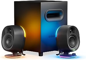 Photo 1 of SteelSeries Arena 7 Illuminated 2.1 Desktop Gaming Speakers – 2-Way Speaker Design – Powerful Bass, Subwoofer – RGB Lighting – USB, Aux, Optical, Wired – Bluetooth – PC, PlayStation, Mobile, Mac,Black