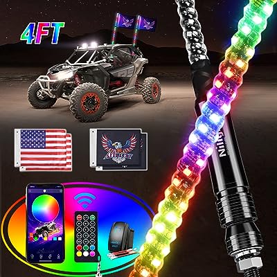 Photo 1 of Nilight 2PCS 4FT RGB LED Whip Light, Remote & App Control w/DIY Chasing Patterns Stop Turn Reverse Light Safety Antenna Lighted Whips for ATV UTV Polaris RZR Can-am Dune Buggy Jeep, 