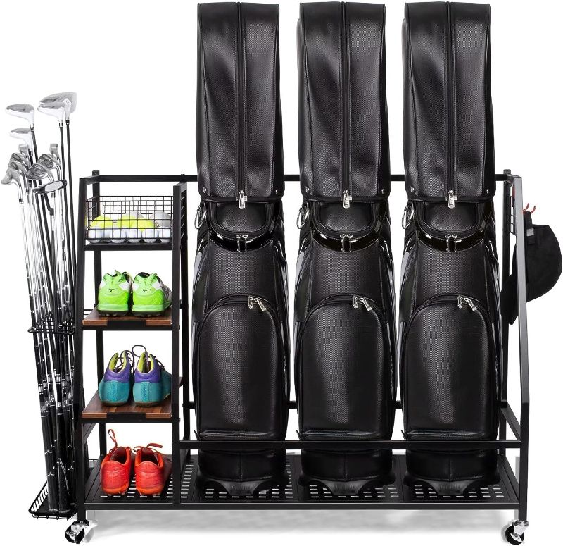 Photo 1 of Sttoraboks Golf Bags Storage Garage Organizer, Golf Bag Rack Fits 2/3 Golf Bags and Golf Equipment Accessories, Golf Club Storage Stand with Wooden Shelf and Lockable Wheels for Garage Indoor Basement
