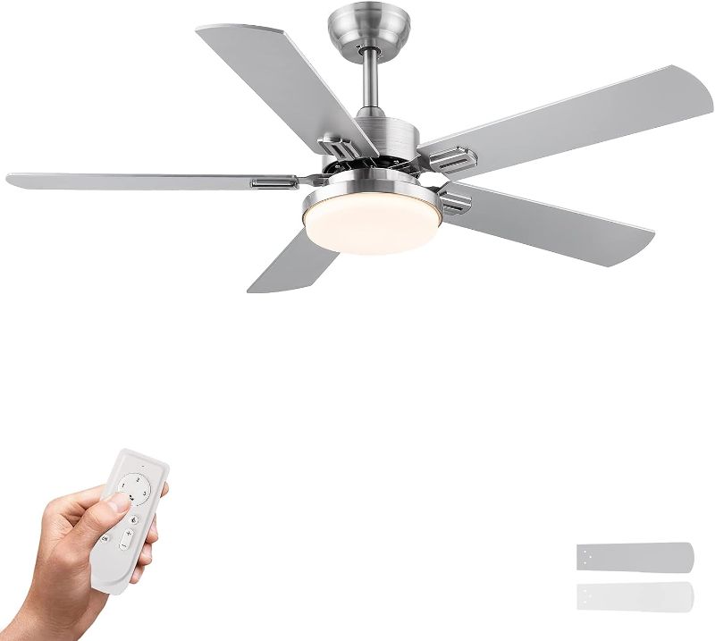 Photo 1 of  52 inch Brushed Nickel Ceiling Fan with Lights and Remote Control, Modern Ceiling Fan with Dimmable led Light for Bedroom Home, Indoor, Outdoor, Noiseless Motor, Reversible 5 Blades, Fan