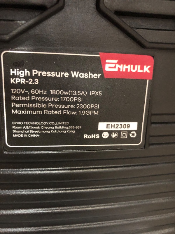 Photo 7 of **MINOR WEAR & TEAR**Enhulk 1800W Electric Pressure Washer, 2300 Max PSI 1.9 GPM Power Washer with Hose Reel, 33 FT Pressure Hose, 36 FT Power Cord, 4 Nozzles Foam Cannon, Cleaner Machine for Car, Home, Driveway, Patio
