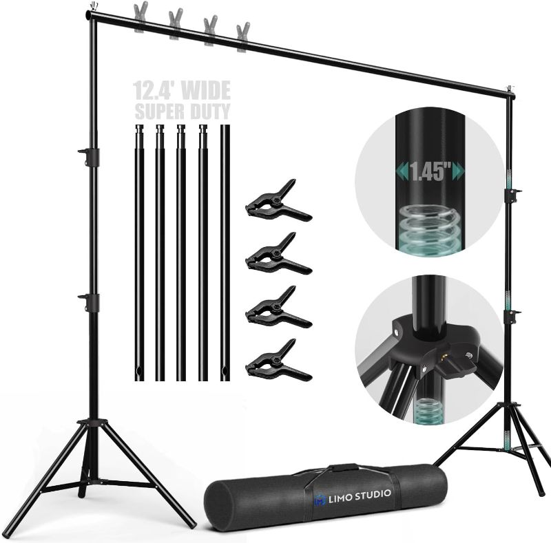 Photo 1 of **BROKEN ZIPPER**LimoStudio (Super Heavy Duty) 12.4 ft. Wide x 10 ft. Tall Backdrop Stand, Upgraded Model 1.45" Thick Pole, Super Structure Heavier & Stronger, No Wobble Background Support System Kit, AGG1782
