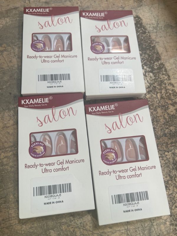 Photo 2 of 4 pack - KXAMELIE Medium Length Almond Press on Nails with Designs,Nude White Swirls Acrylic Nails Press on,Stick on Nails for Women,Glue on Nails Fake Nails for Daily Wear,Salon Perfect Wedding Nails Striped