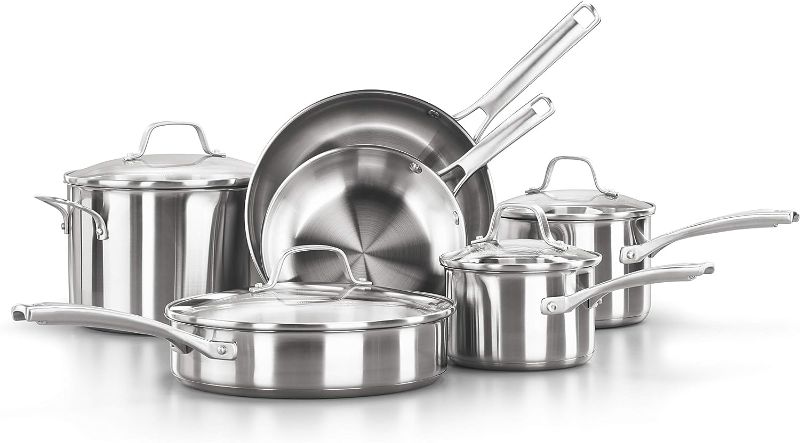 Photo 1 of 
Calphalon 10-Piece Pots and Pans Set, Stainless Steel Kitchen Cookware with Stay-Cool Handles and Pour Spouts, Dishwasher Safe, Silver