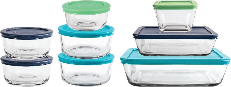 Photo 1 of Anchor Hocking SnugFit Glass Food Storage Containers with Lids, Mixed Blue, Large, 16 Piece
