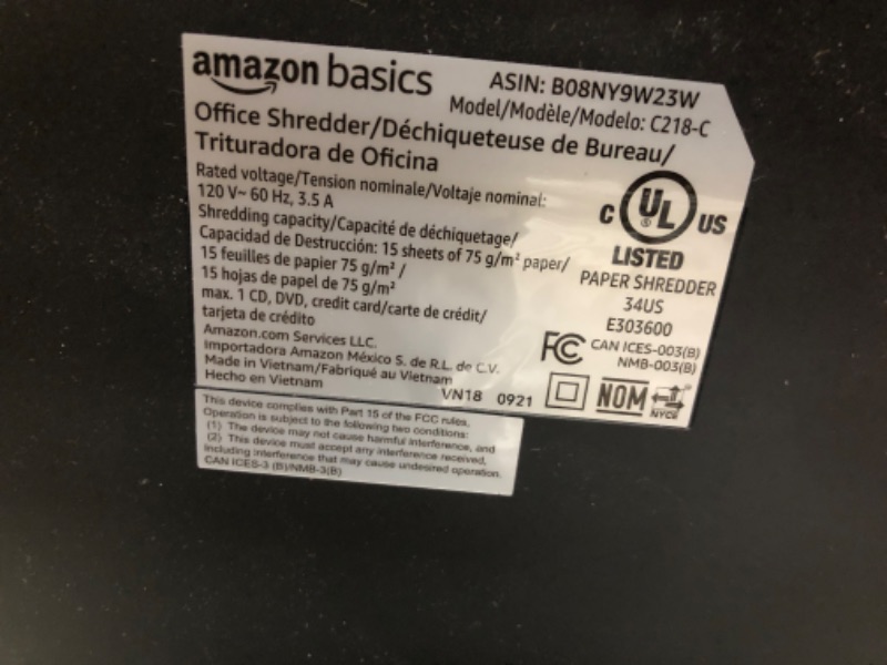 Photo 4 of Amazon Basics 15-Sheet Cross Cut Paper Shredder and Credit Card CD Shredder with 6 Gallon Bin 15 Sheet - new model Shredder