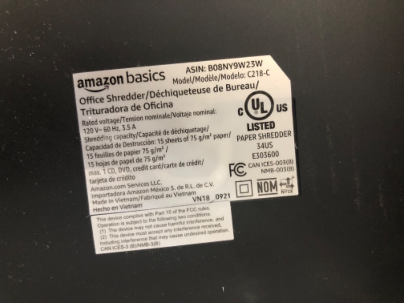 Photo 3 of Amazon Basics 15-Sheet Cross Cut Paper Shredder and Credit Card CD Shredder with 6 Gallon Bin 15 Sheet - new model Shredder