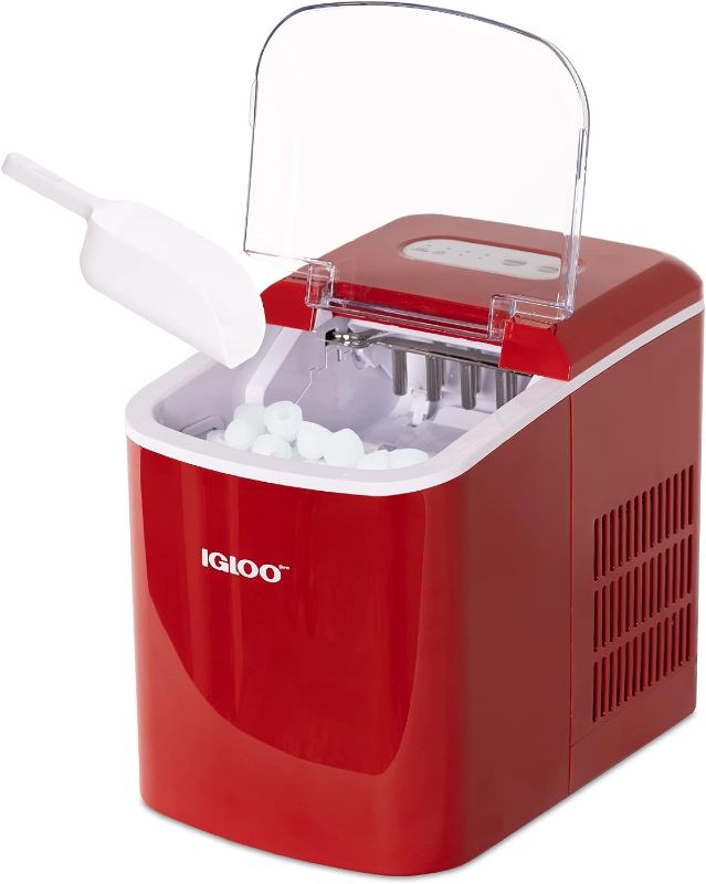 Photo 1 of Igloo Electric Countertop Ice Maker Machine - Automatic and Portable - 26 Pounds in 24 Hours - Ice Cube Maker - Ice Scoop and Basket - Ideal for Iced Coffee and Cocktails - Red
