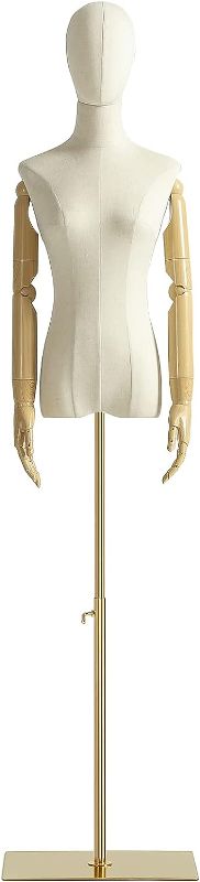 Photo 1 of 
Female Mannequin Dress Form Torso, Display Mannequin Body with Detachable Head, Wooden Hands and Golden Adjustable 55”-80” Height Stand, for Dress Jewelry.