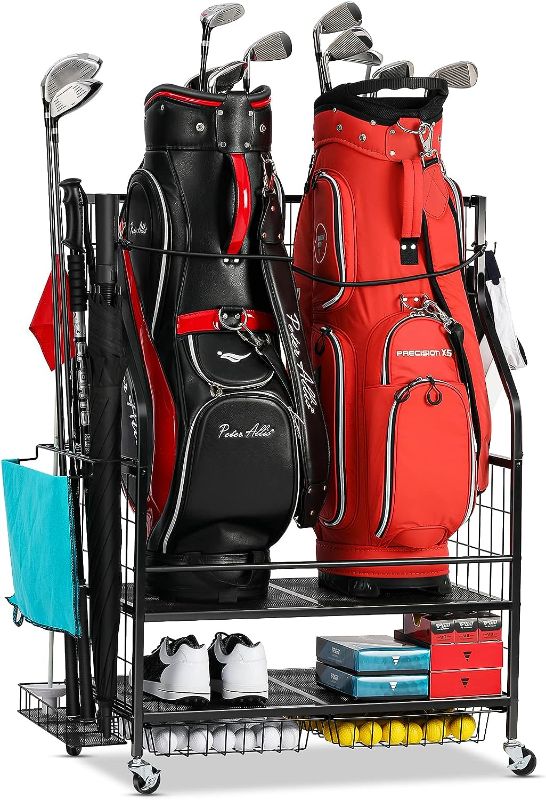 Photo 1 of 
FHXZH Golf Bag Storage Garage Organizer- Golf Bag Stand Fit for 2 Golf Bags and Golf Clubs, Golf Balls, Golf Equipment Accessories, Extra Large Golf Bag...