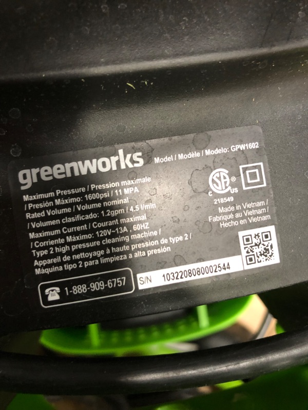 Photo 3 of **MINOR WEAR & TEAR**Greenworks 1600 PSI 1.2 GPM Pressure Washer (Upright Hand-Carry) PWMA Certified