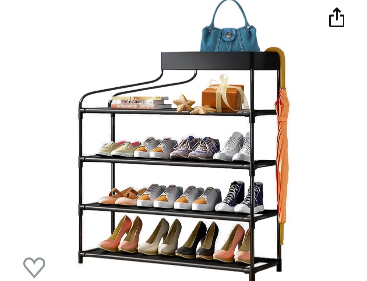 Photo 1 of 4 Tier Stackable Shoe Rack, Metal Shoe Rack with Storage Bin, 20-24 Pairs Shoe Spacing Elegant Design Rack, Adjustable Shoe Shelf Organizer Black for Entryway, Closet, Hallway, Bedroom