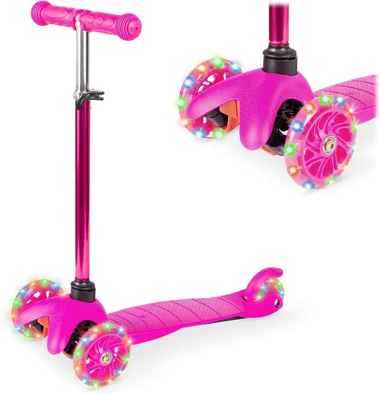 Photo 1 of Best Choice Products Kids Mini Kick Scooter Toy w/Light-Up Wheels, Height Adjustable T-Bar, Foot Break - Pink
