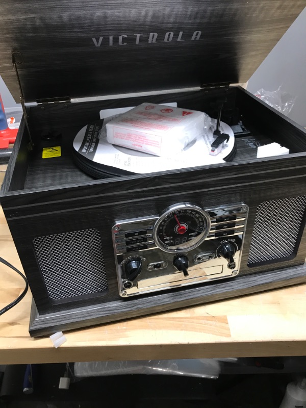 Photo 2 of Non Functional***Victrola Nostalgic 6-in-1 Bluetooth Record Player & Multimedia Center, Grey with Victrola Wooden Stand for Wooden Music Centers with Record Holder Shelf, Black & Victrola Wooden Record Crate, Black (