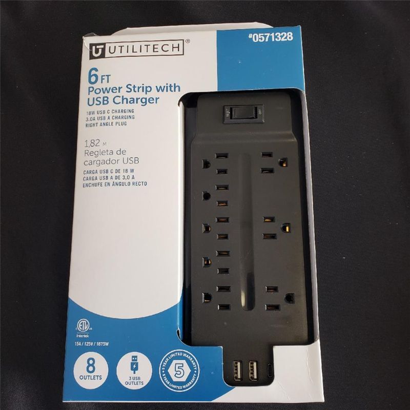 Photo 1 of = Utilitech 6ft Power Strip with USB Charger 8 Outlets 3 USB Right Angle 0571328
