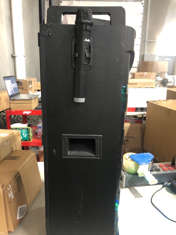 Photo 6 of * used item * damaged * see images * 
Moukey Karaoke Machine, PA System Double Subwoofer for Party, Portable Bluetooth Speaker w/ 2 Wireless Microphone