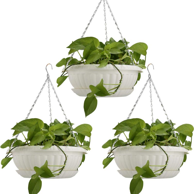 Photo 1 of 12.59" LARGE HANGING PLANTERS WITH DRAINAGE HOLE&TRAY, HANGING FLOWER POTS PLASTIC PLANT HANGER HOLDERS HANGING BASKET FOR INDOOR OUTDOOR HOME GARDEN HERB SUCCULENT (PACK 3) WHITE COLOR 12.59"