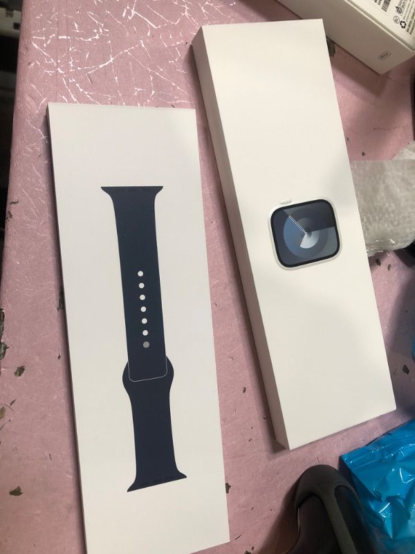 Photo 1 of ***SEE NOTES*** APPLE WATCH SERIES 9 [GPS 45MM] SMARTWATCH WITH STORM BLUE ALUMINUM CASE WITH SILVER SPORT BAND M/L. FITNESS TRACKER, BLOOD OXYGEN & ECG APPS, ALWAYS-ON RETINA DISPLAY SILVER ALUMINUM CASE WITH STORM BLUE SPORT BAND 45MM M/L - FITS 160–210