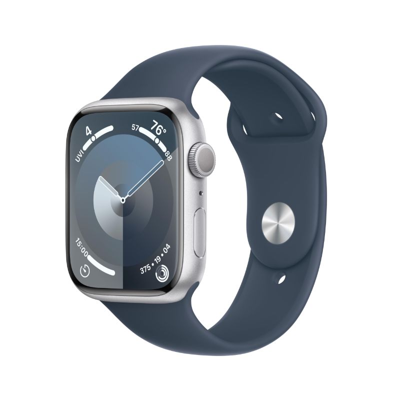 Photo 1 of ***SEE NOTES*** APPLE WATCH SERIES 9 [GPS 45MM] SMARTWATCH WITH STORM BLUE ALUMINUM CASE WITH SILVER SPORT BAND M/L. FITNESS TRACKER, BLOOD OXYGEN & ECG APPS, ALWAYS-ON RETINA DISPLAY SILVER ALUMINUM CASE WITH STORM BLUE SPORT BAND 45MM M/L - FITS 160–210