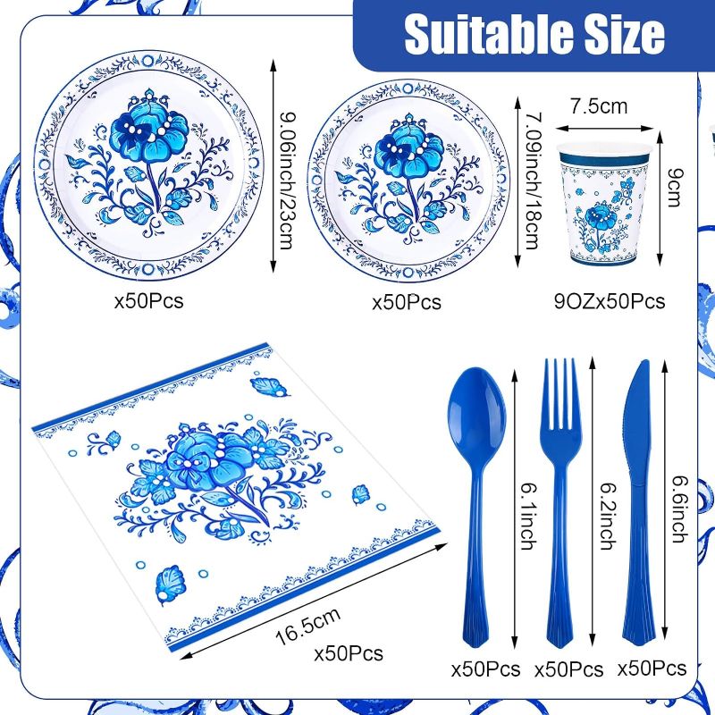 Photo 1 of 350 Pcs Blue and White Floral Tableware Set Chinoiserie Disposable Plates Serve 50 Guests 9'' 7'' Floral Paper Plate Napkin 9oz Cup Plastic Knife Fork Spoon for Bridal Baby Shower Wedding Party Supply