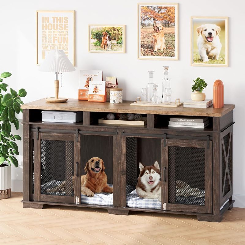 Photo 1 of **PARTIAL SET // SEE NOTES** Dog Crate Furniture, 71" Heavy Duty Dog Kennel with 3 Storage Cubby for 2 Dogs, Versatile Dog House with Removable Divider and 2 Sliding Barn Door for Large Dog, Dark Walnut/Light Oak