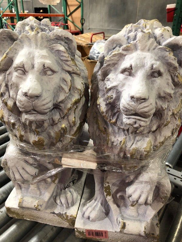 Photo 2 of ***USED MINOR CHIPS***21 in. Tall White/Gold Magnesium Lion Sentry Garden Statues with Fleur-De-Lis Harold and Leo (Set of 2)
