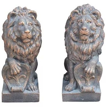 Photo 1 of ***USED MINOR CHIPS***21 in. Tall White/Gold Magnesium Lion Sentry Garden Statues with Fleur-De-Lis Harold and Leo (Set of 2)
