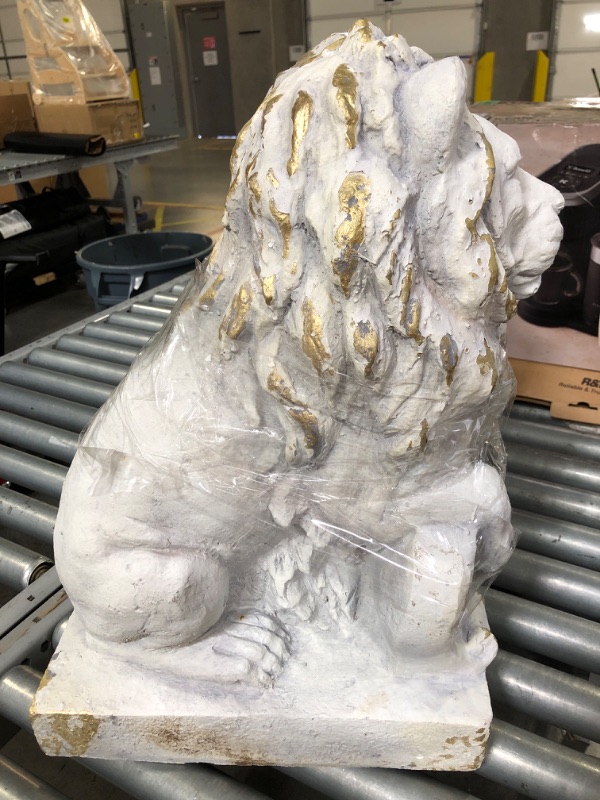 Photo 4 of ***USED MINOR CHIPS***21 in. Tall White/Gold Magnesium Lion Sentry Garden Statues with Fleur-De-Lis Harold and Leo (Set of 2)
