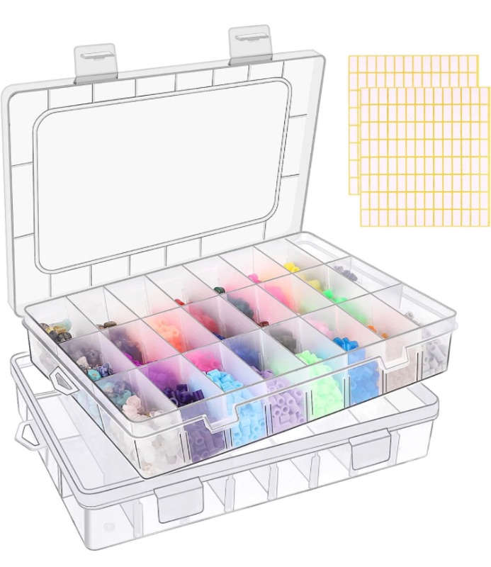 Photo 1 of 3 Pack 24 Grids Clear Plastic Organizer Box, Storage Container with Adjustable Divider, Craft and Bead Storage Organizer Box for DIY Jewelry Tackles with 2 Sheets Label Stickers