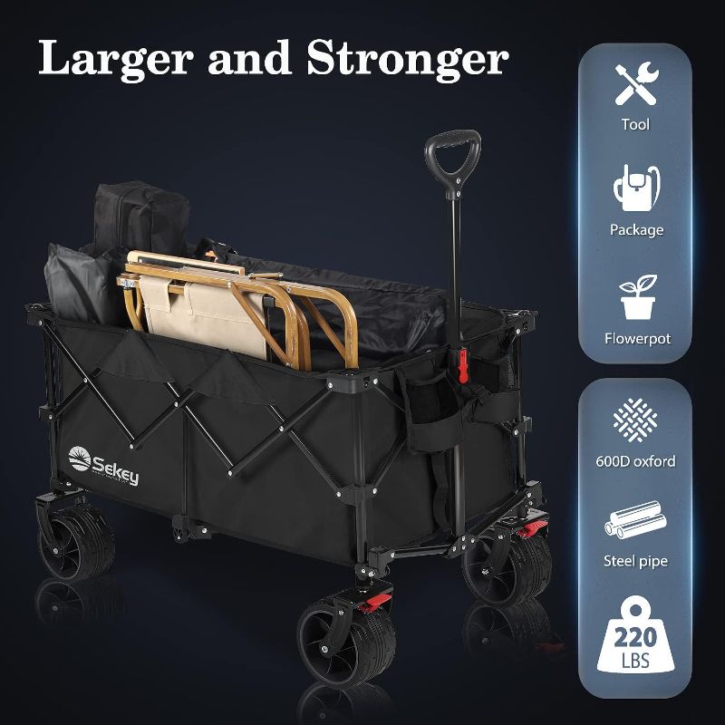 Photo 1 of Sekey Collapsible Foldable Wagon with 220lbs Weight Capacity, Heavy Duty Folding Utility Garden Cart with Big All-Terrain Beach Wheels & Drink Holders. Black
