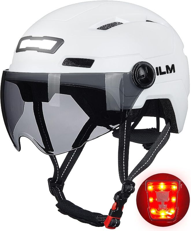 Photo 1 of ILM Adult Bike Helmet with USB Rechargeable LED Front and Back Light Mountain&Road Bicycle Helmets for Men Women Removable Goggle Cycling Helmet for Commuter Urban Scooter(White, Large/X-Large) 