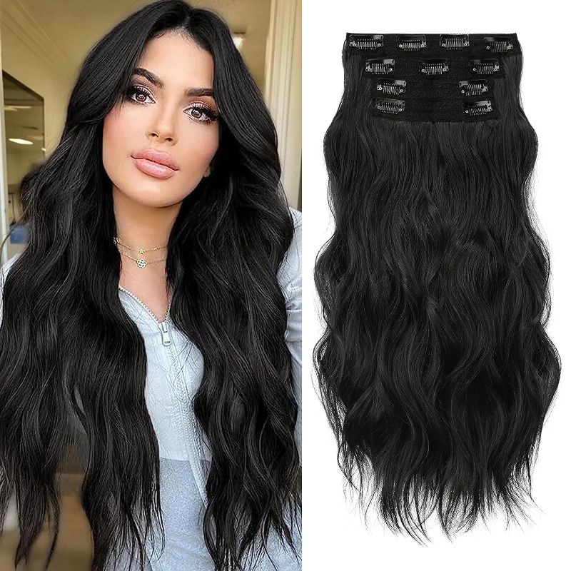 Photo 1 of SOFEIYAN Clip in Hair Extensions 4PCS Thick Hairpieces Natural Black Long Wavy Synthetic Hair Extension Full Head Natural Clip in Fiber Hair Piece Soft Invisible Lace Weft Hair For Women, 20 Inch 