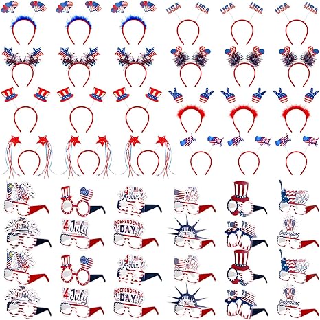 Photo 2 of 48 Pcs 4th of July Party Favors 4th of July Headband Glasses for Kids Adults 4th of July Decorations Includes American Flag Headband Patriotic Glasses 4th of July Accessories Patriotic Photo Props