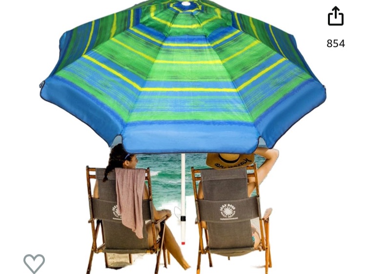 Photo 1 of *STOCK PHOTO JUST REFERENCE** Ogrmar 7FT Beach Umbrella with Sand Anchor & Carry Bag, Portable Outdoor Windproof Sun Umbrella Sun 50+ Protection Umbrella with Push Button Tilt & Air Vent (Green Stripe)