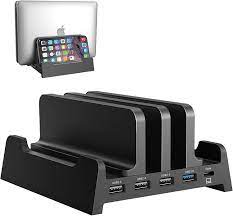 Photo 1 of Meatanty Vertical Laptop Stand with USB Hub, Plastic Dual-Slot Laptop Holder Laptop Docking Station with 1 USB-C and 4 USB-A Ports, for All MacBook/Surface/HP/Dell/iPad Up to 17.3? Space-Saving(Black)