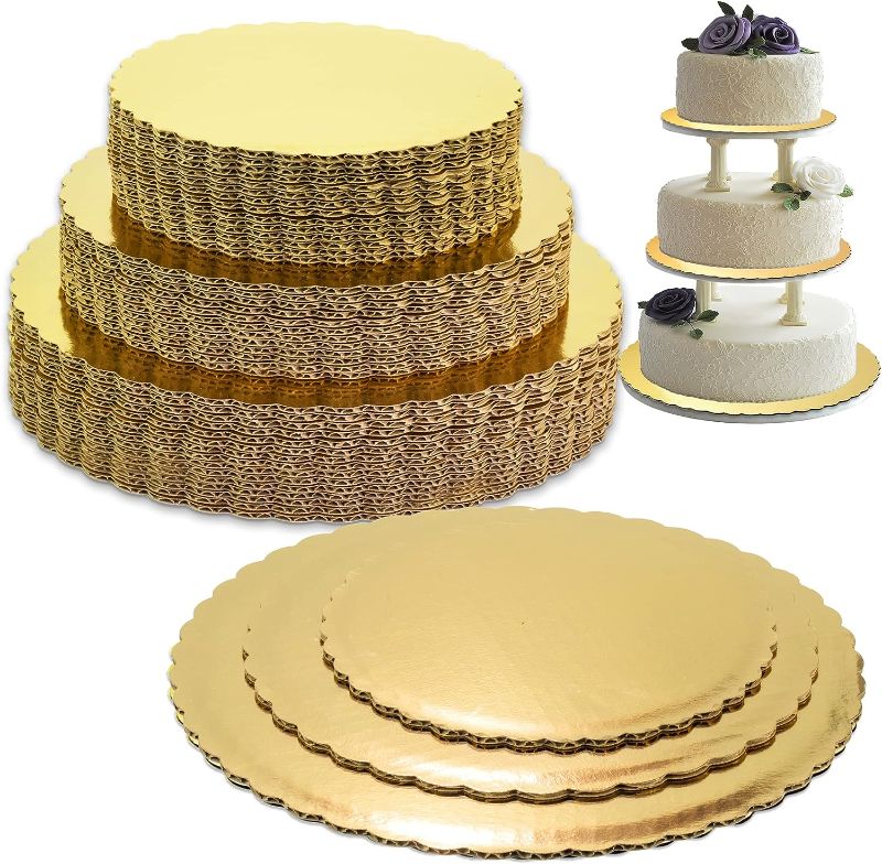 Photo 1 of [30 Pack] 8 10 12 Inches Round Tierd Cake Boards Combo - Cardboard Disposable Layered Cake Pizza Circle Scalloped Gold Stackable Tart Decorating Base Stand