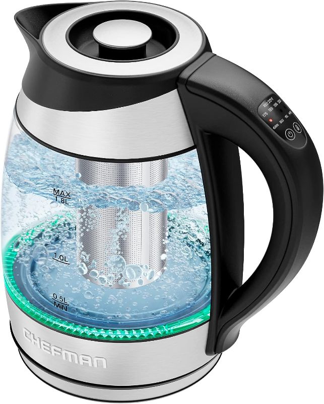 Photo 1 of Chefman Electric Kettle with Temperature Control, 5 Presets LED Indicator Lights, Removable Tea Infuser, Glass Tea Kettle & Hot Water Boiler, 360° Swivel Base, BPA Free, Stainless Steel, 1.8 Liters