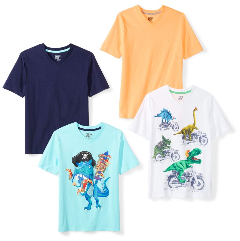 Photo 1 of Amazon Essentials Boys and Toddlers' Short-Sleeve V-Neck T-Shirt Tops (Previously Spotted Zebra), Multipacks 4 Navy/Blue/White, Dinosaur X-Small