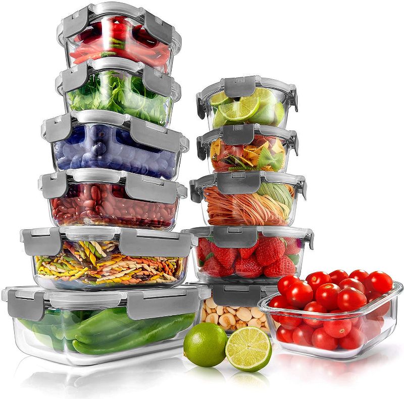 Photo 1 of 24-Piece Glass Food Storage Containers - Stackable Superior Glass Meal-prep Containers w/ Newly Innovated Hinged BPA-Free 100% Leakproof Locking Lids - Freezer-to-Oven-Safe - NutriChef NCGLBU (Blue)
