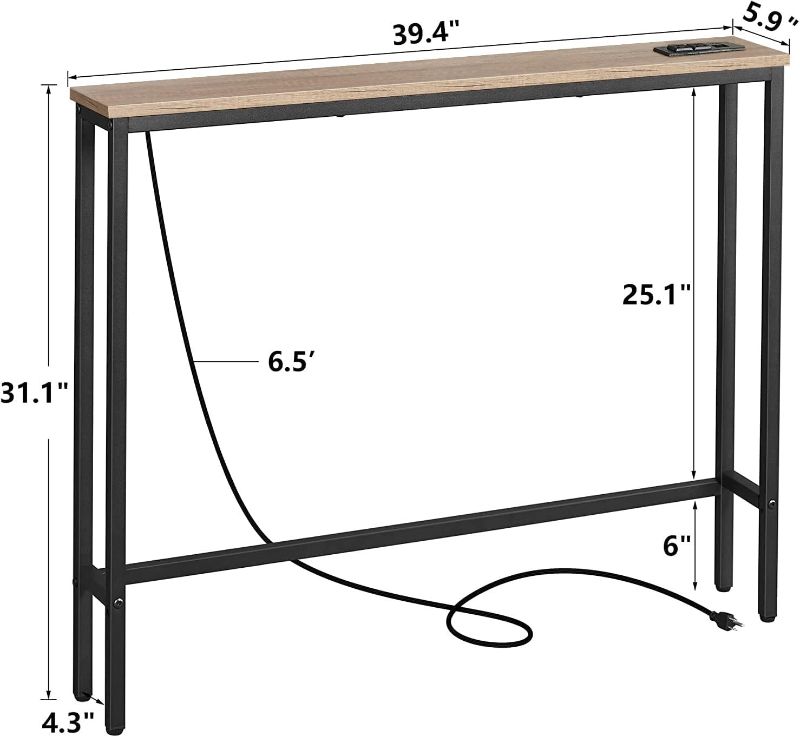 Photo 1 of ELYKEN 5.9" Narrow Console Sofa Table with Power Outlets and USB Port, 5.9" Dx39.4 Wx31.1 H Long Behind Couch Table with Metal Frame and 6.5’ Extension Cord, White Oak
