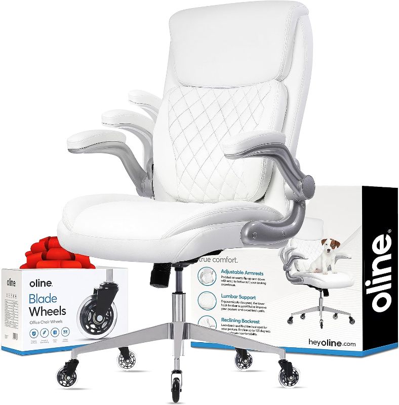 Photo 1 of Oline Ergonomic Executive Office Chair - Rolling Home Desk PU Leather Chair with Adjustable Armrests, 3D Lumbar Support and Blade Wheels - Computer Gaming Swivel Chairs (White)
