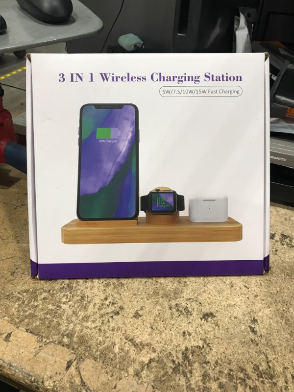 Photo 2 of Wireless Charging Station, OTESS Bamboo Wireless Charger, Fast 3 in 1 Wireless Charger Stand for iPhone 14/13/12/11/Pro/Max/XS/XR/X/8/Plus, for Apple Watch 7/6/5/4/3/2/SE, for AirPods 3/2/Pro