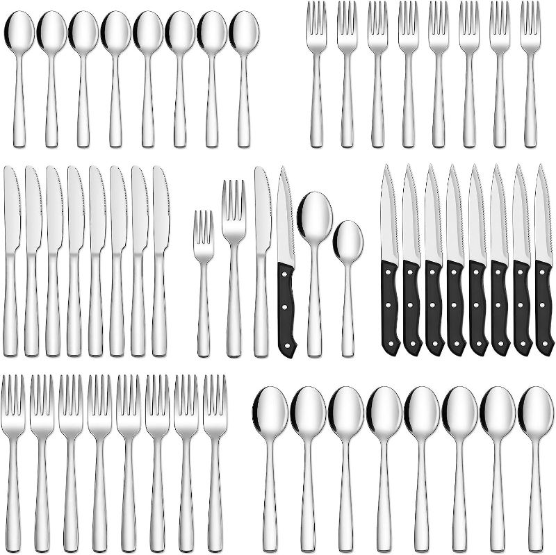 Photo 1 of 48-Piece Silverware Set with Steak Knives for 8, Stainless Steel Flatware Cutlery Set