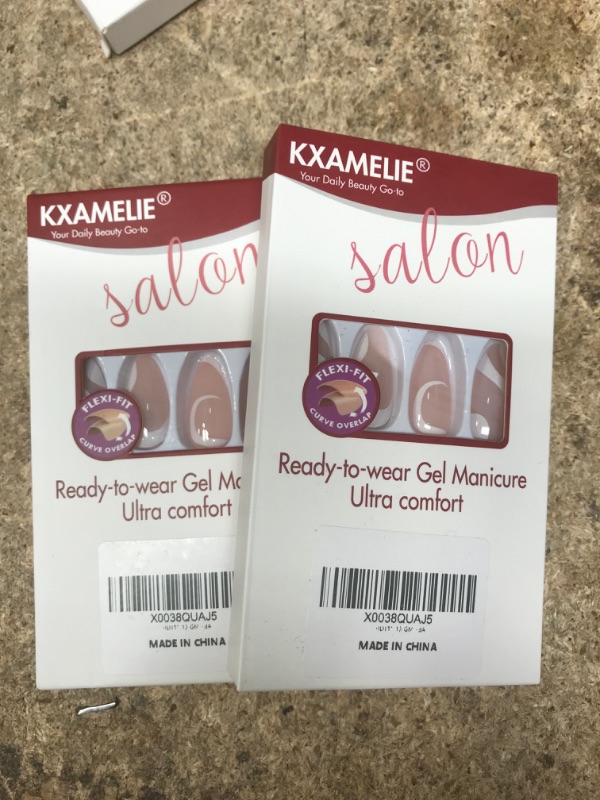 Photo 2 of **TWO PACK** KXAMELIE Medium Length Almond Press on Nails with Designs,Nude White Swirls Acrylic Nails Press on,Stick on Nails for Women,Glue on Nails Fake Nails for Daily Wear,Salon Perfect Wedding Nails Striped