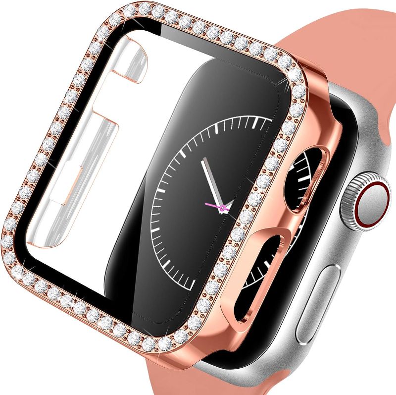 Photo 2 of **BUNDLE** DAISDJUY Apple Watch Case with Tempered Glass Screen Protector 38mm 40mm 41mm 42mm 44mm, Double Bling Case Crystal Diamonds Rhinestone Bumper Overall Hard PC Ultra-Thin Protective Cover, New Gold42mm & 