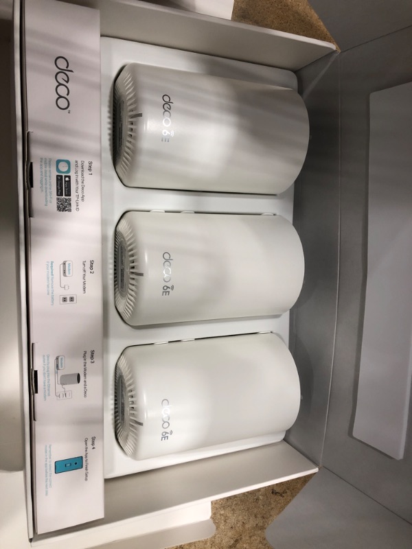 Photo 1 of TP-Link Deco AXE5400 Tri-Band WiFi 6E Mesh System – Wi-Fi up to 7200 Sq.Ft, Engadget Rated Best Mesh For Most People, Replaces WiFi Router and Extender, AI-Driven Mesh New 6GHz Band, 3-Pack(Deco XE75) WiFi 6E Mesh, 3-Pack