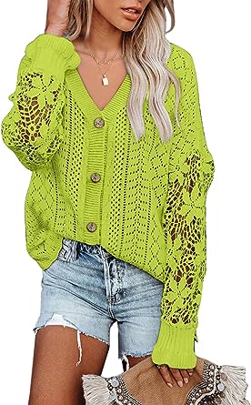 Photo 1 of AlvaQ Womens Lightweight Lace Crochet Cardigan Sweater Kimonos Casual Oversized Open Front Button Down Knit Outwear